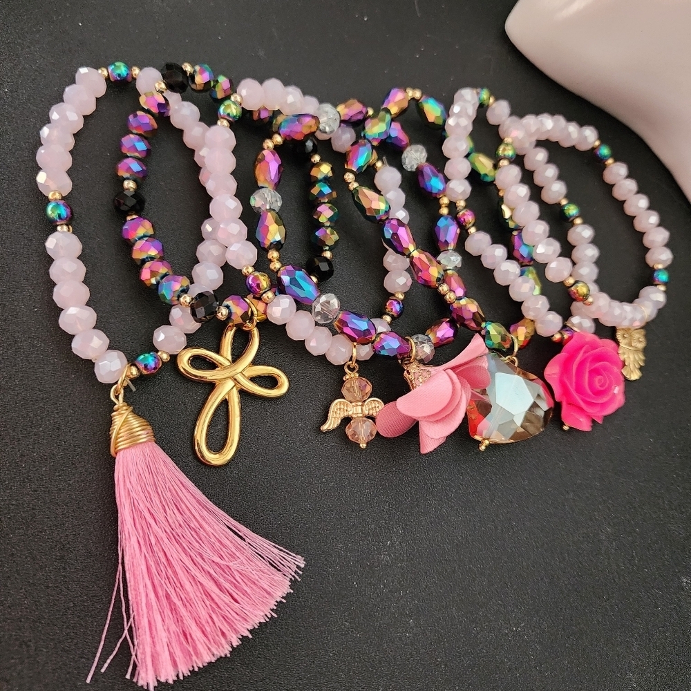 Hand Made Set of 7 AB Pink Crystal Glass Bracelets with Gold Charms Semanario